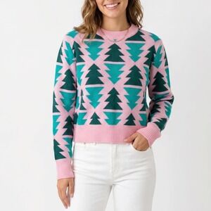 Grayson Threads Pink Teal Green Geometric Tree Knit Sweater Mens Medium Holiday